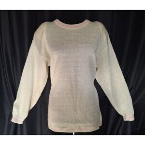 Vtg 80s cottagecore crew neck sweater ivory pink trim Lightweight Sz L